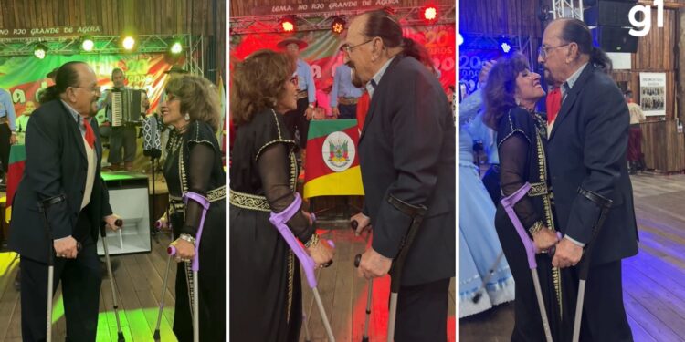 'Muito amor um pelo outro': casal emociona ao dançar de muletas em centro tradicionalista no RS